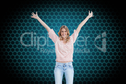 Composite image of full length shot of a smiling woman with her