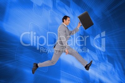 Composite image of businessman running with a suitcase