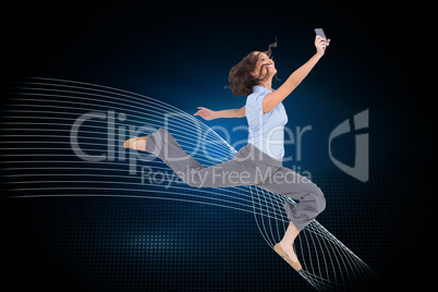 Composite image of happy classy businesswoman jumping while hold