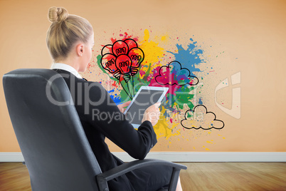 Composite image of businesswoman sitting on swivel chair with ta