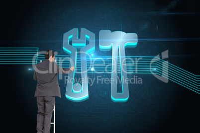 Composite image of businessman standing on ladder