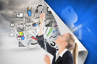 Composite image of businesswoman pulling a chain