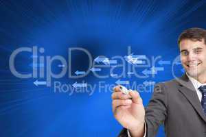 Composite image of young businessman writing something