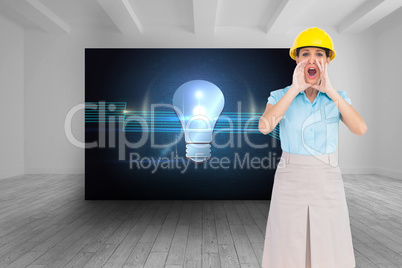 Composite image of attractive architect shouting at camera