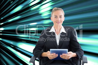 Composite image of businesswoman sitting on swivel chair with ta