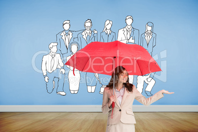 Composite image of attractive businesswoman holding red umbrella