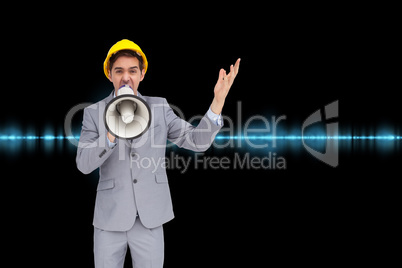 Composite image of architect with hard hat shouting with a megap