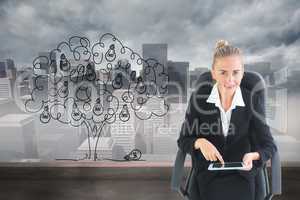 Composite image of businesswoman sitting on swivel chair with ta