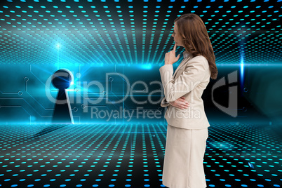 Composite image of profile view of doubtful businesswoman standi