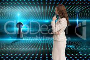 Composite image of profile view of doubtful businesswoman standi