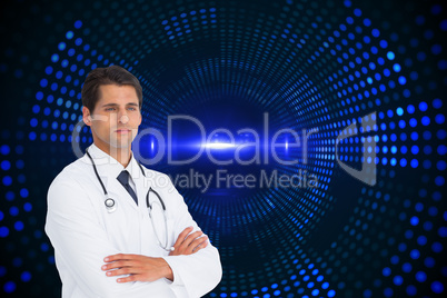 Composite image of serious doctor with arms crossed