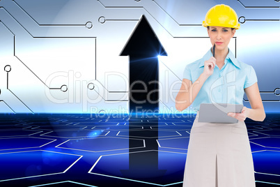 Composite image of thoughtful attractive architect holding clipb