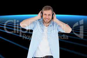 Composite image of trendy model listening to music and looking a