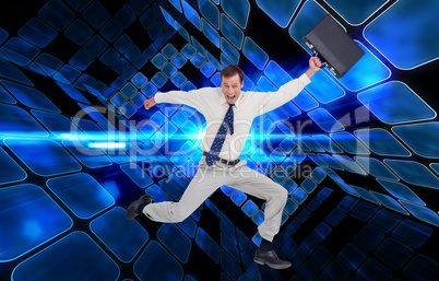 Composite image of cheerful jumping businessman with his suitcas