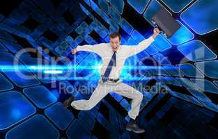 Composite image of cheerful jumping businessman with his suitcas