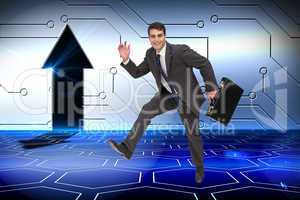 Composite image of cheerful businessman in a hury