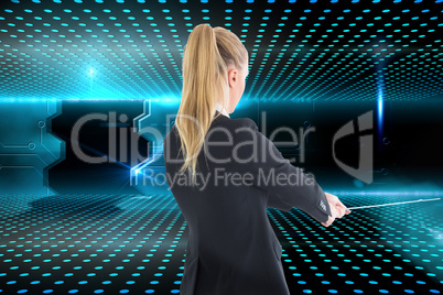 Composite image of businesswoman pulling a chain