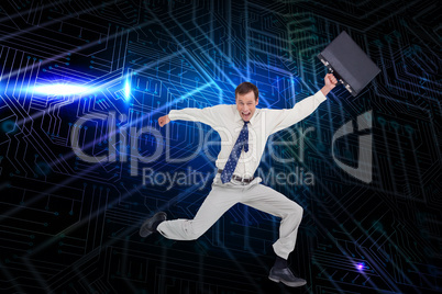 Composite image of cheerful jumping businessman with his suitcas