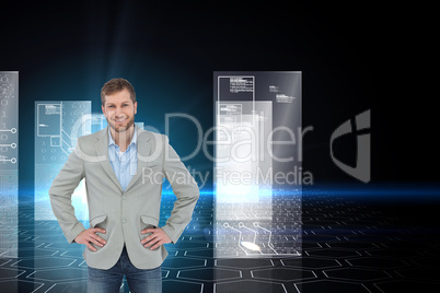 Composite image of stylish man smiling with hands on hips