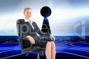 Composite image of businesswoman sitting on swivel chair in blac