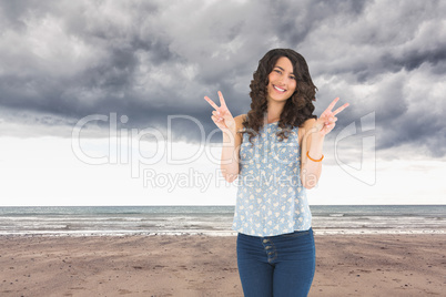 Composite image of smiling attractive brunette posing