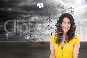 Composite image of cheerful curly haired brunette reading magazi