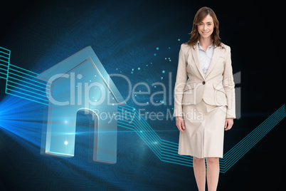 Composite image of smiling businesswoman walking