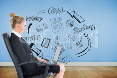 Composite image of businesswoman sitting on swivel chair with la