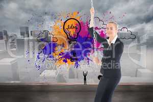 Composite image of businesswoman pulling a chain