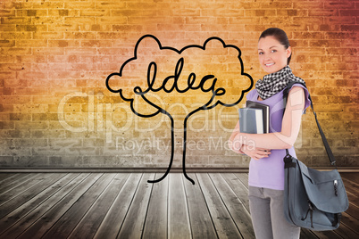 Composite image of attractive student holding books and her bag