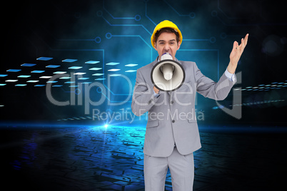 Composite image of architect with hard hat shouting with a megap