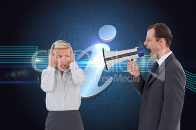 Composite image of businessman shouting at colleague with his bu