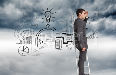 Composite image of businessman standing on ladder