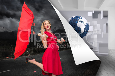 Composite image of elegant blonde holding umbrella