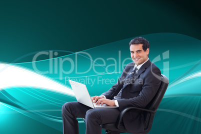 Composite image of young businessman sitting on an armchair work