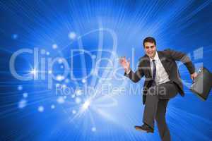 Composite image of happy businessman in a hury