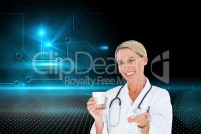 Composite image of happy doctor holding out pills and water glas