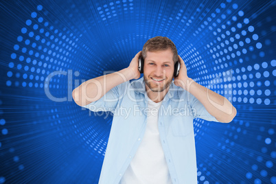 Composite image of trendy model listening to music and looking a