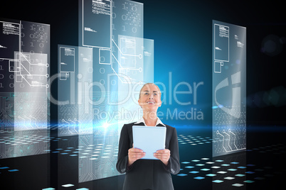 Composite image of businesswoman holding new tablet