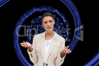 Composite image of confused businesswoman standing