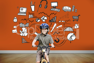 Composite image of little boy with his bike in a park