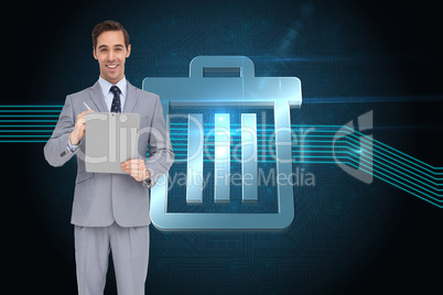 Composite image of happy businessman holding a clipboard