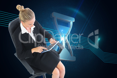 Composite image of businesswoman sitting on swivel chair with ta