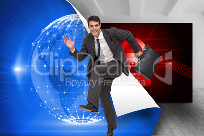 Composite image of happy businessman in a hury