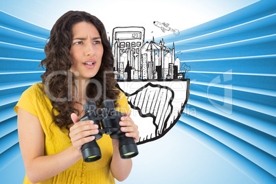 Composite image of serious casual young woman holding binoculars