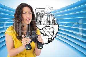 Composite image of serious casual young woman holding binoculars