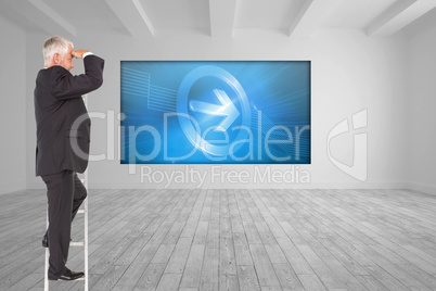 Composite image of mature businessman standing on ladder