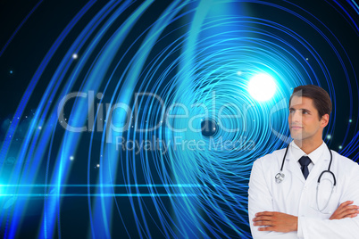 Composite image of confident doctor with arms crossed looking up