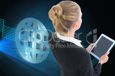 Composite image of businesswoman holding tablet