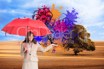 Composite image of happy businesswoman holding umbrella